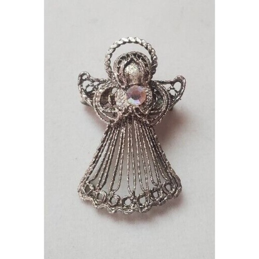 Vintage Silver Tone Filigree Wire Guardian Angel Brooch Pin AB Rhinestone 1.5"